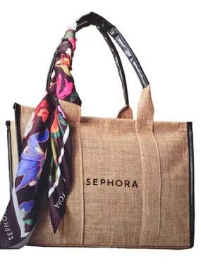 Sephora Natural Tan Jute Tote w Canada Limited Edition Floral Scarf New GWP